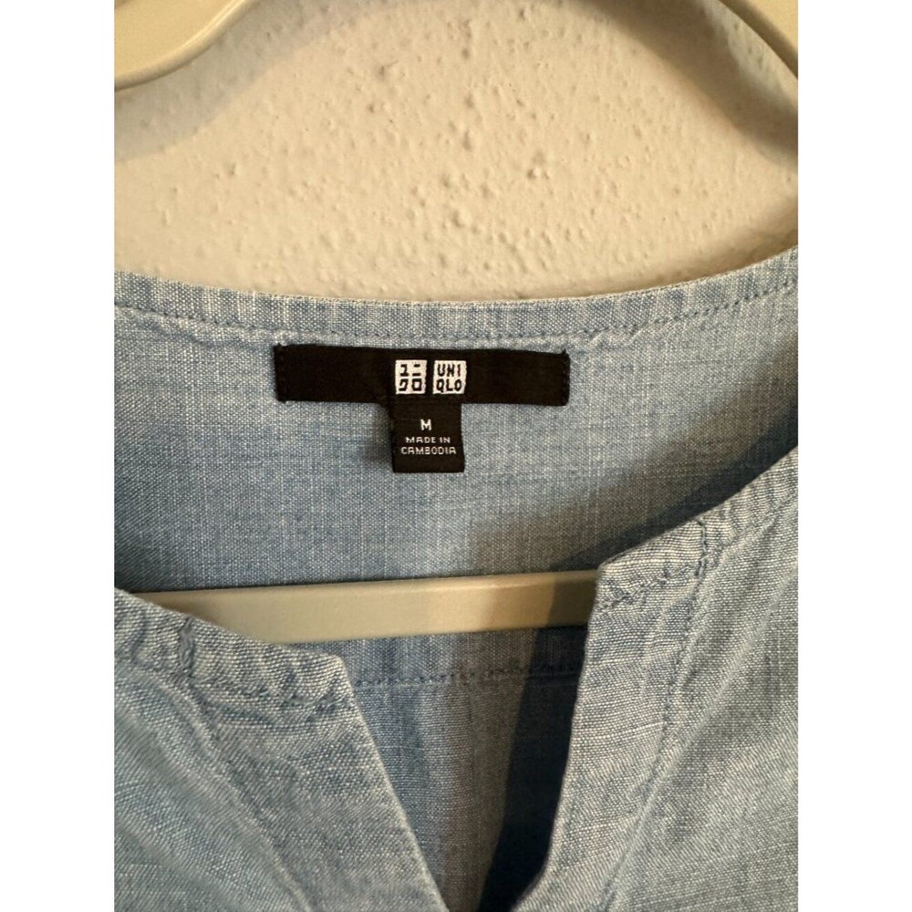 Uniqlo Chambray Shift Dress Women M Light Blue Sleeveless Cotton Casual Pockets - Picture 3 of 6